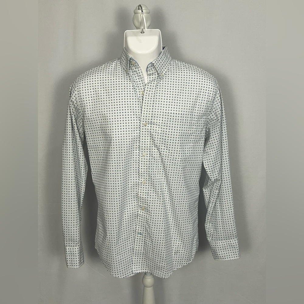 Izod White Button-Down Shirt with Navy Micro-Print